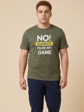 NWT Unisex Gray Short Sleeve “No I Can’t Pause My Game” Tee Gaming - Size XL
